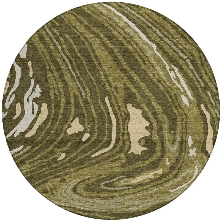 8' Olive Green And Beige Round Abstract Washable Indoor Outdoor Area Rug