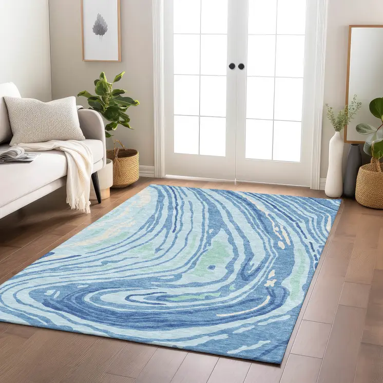 3' X 5' Sky Blue Green And Ivory Abstract Washable Indoor Outdoor Area Rug