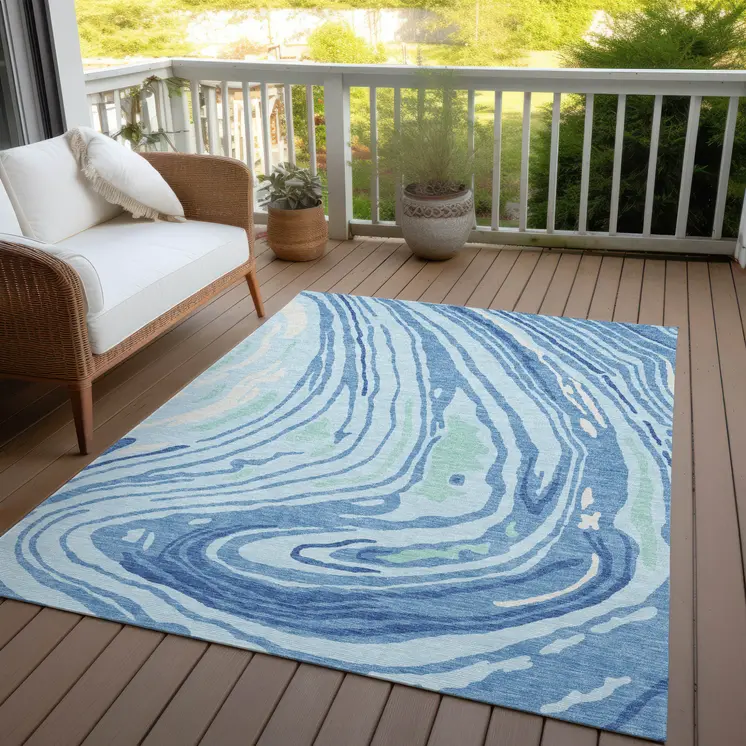 5' X 8' Sky Blue Green And Ivory Abstract Washable Indoor Outdoor Area Rug