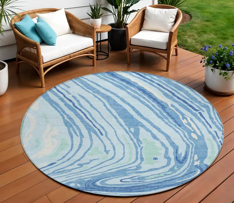 8' Sky Blue Green And Ivory Round Abstract Washable Indoor Outdoor Area Rug