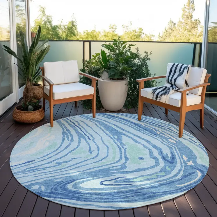 8' Sky Blue Green And Ivory Round Abstract Washable Indoor Outdoor Area Rug