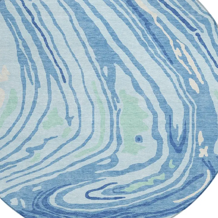 8' Sky Blue Green And Ivory Round Abstract Washable Indoor Outdoor Area Rug