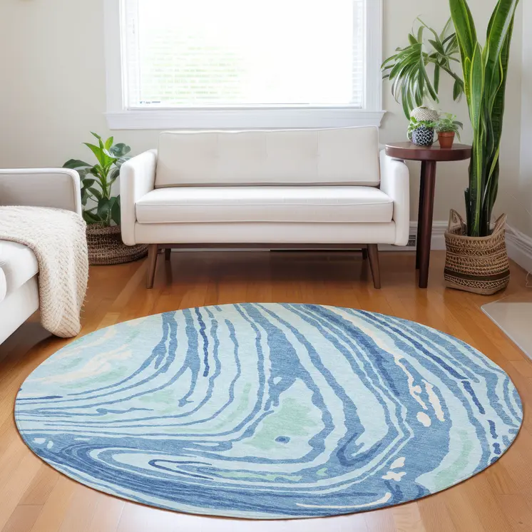 8' Sky Blue Green And Ivory Round Abstract Washable Indoor Outdoor Area Rug