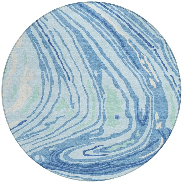 8' Sky Blue Green And Ivory Round Abstract Washable Indoor Outdoor Area Rug