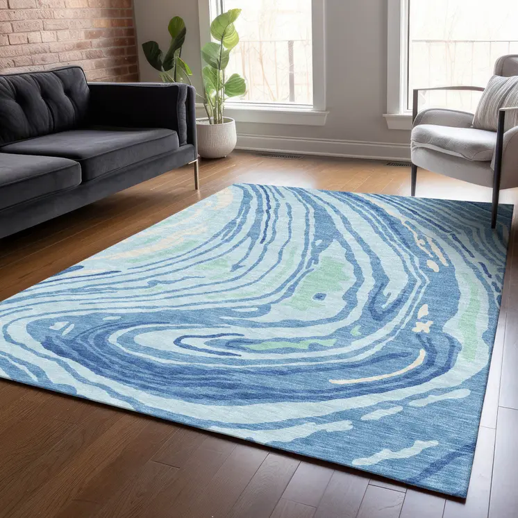 8' X 10' Sky Blue Green And Ivory Abstract Washable Indoor Outdoor Area Rug