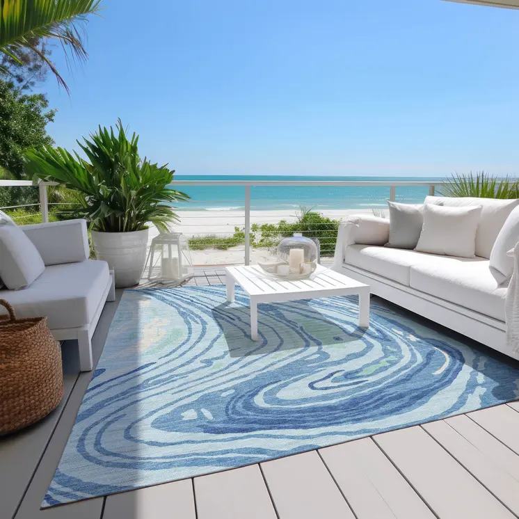 9' X 12' Sky Blue Green And Ivory Abstract Washable Indoor Outdoor Area Rug