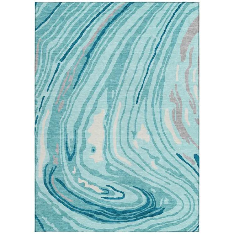 3' X 5' Turquoise Teal Blue And Gray Abstract Washable Indoor Outdoor Area Rug