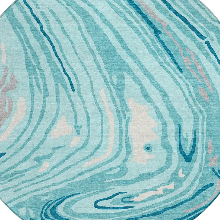 8' Turquoise Teal Blue And Gray Round Abstract Washable Indoor Outdoor Area Rug