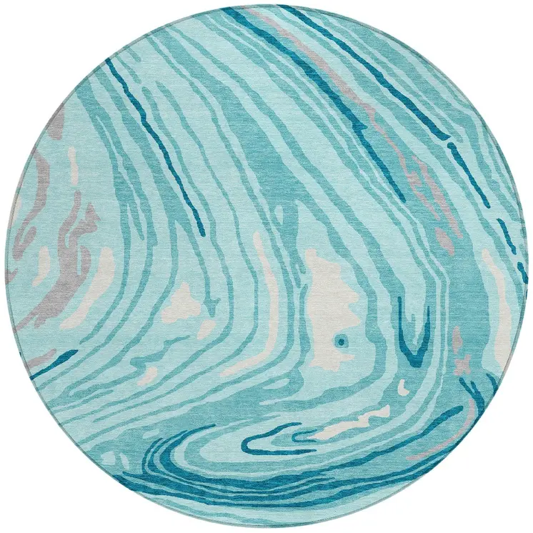 8' Turquoise Teal Blue And Gray Round Abstract Washable Indoor Outdoor Area Rug