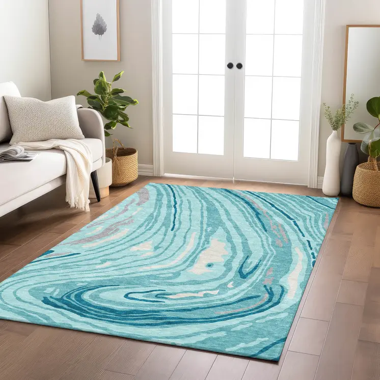 8' X 10' Turquoise Teal Blue And Gray Abstract Washable Indoor Outdoor Area Rug