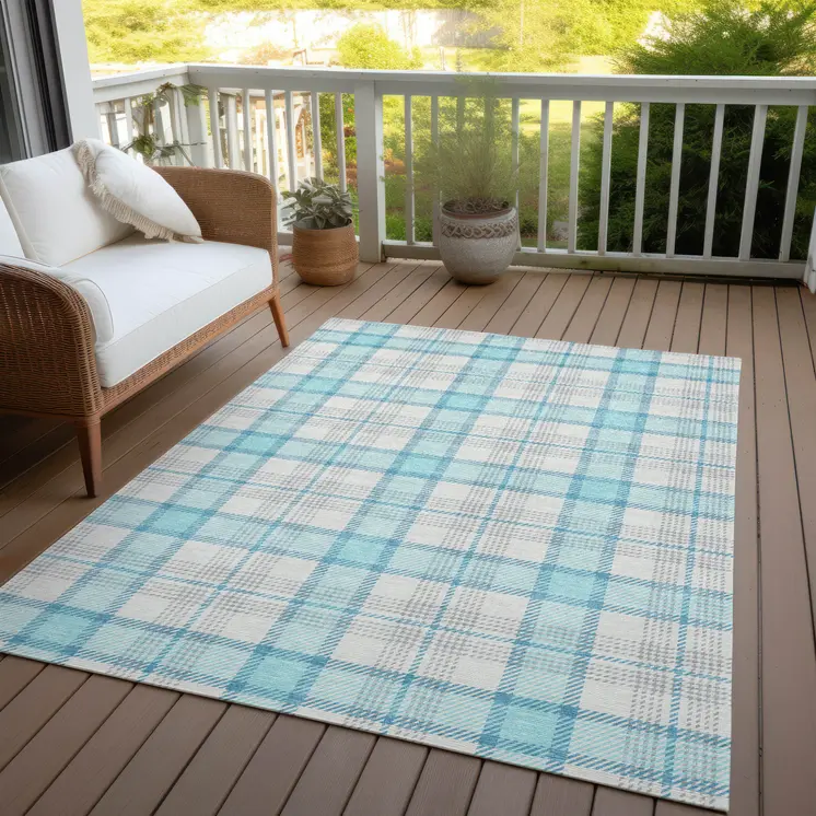 5' X 8' Aqua And Gray Plaid Washable Indoor Outdoor Area Rug