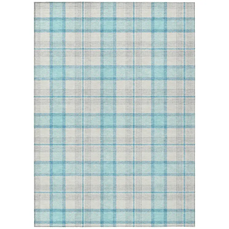 5' X 8' Aqua And Gray Plaid Washable Indoor Outdoor Area Rug
