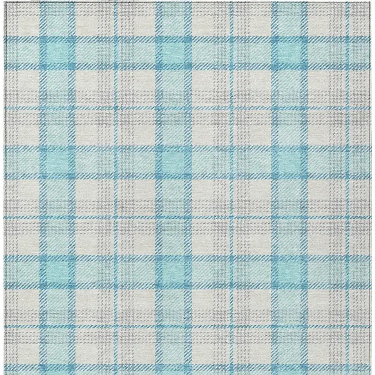 5' X 8' Aqua And Gray Plaid Washable Indoor Outdoor Area Rug