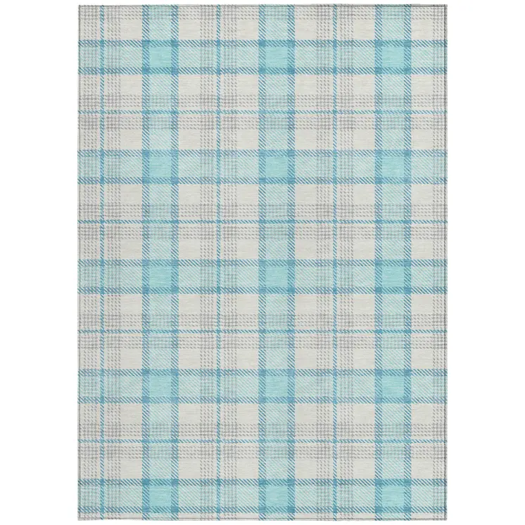 5' X 8' Aqua And Gray Plaid Washable Indoor Outdoor Area Rug