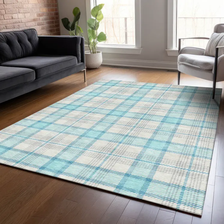 5' X 8' Aqua And Gray Plaid Washable Indoor Outdoor Area Rug