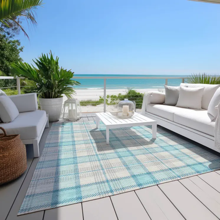 5' X 8' Aqua And Gray Plaid Washable Indoor Outdoor Area Rug