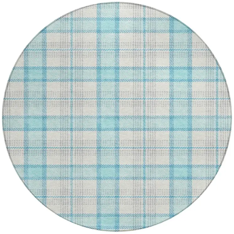 8' Aqua And Gray Round Plaid Washable Indoor Outdoor Area Rug