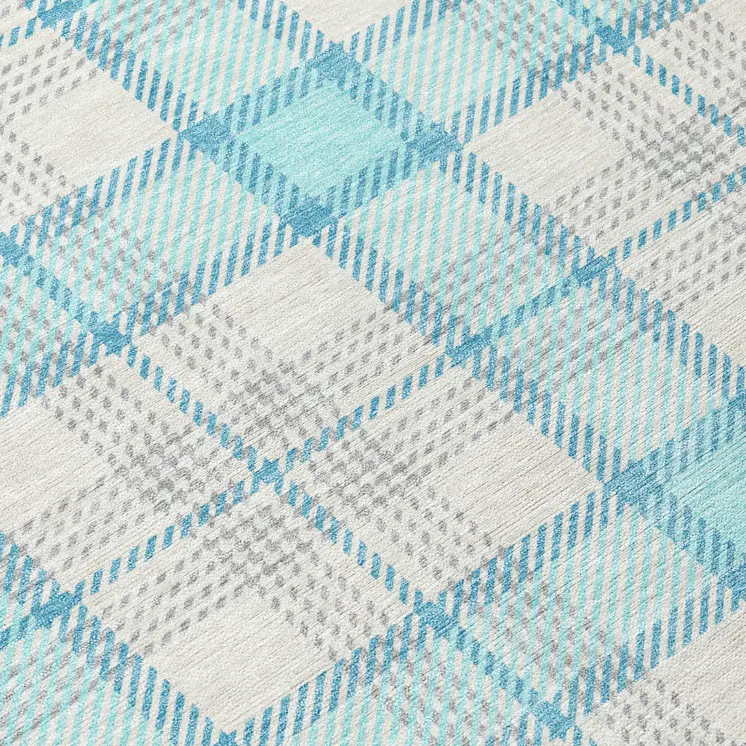 8' Aqua And Gray Round Plaid Washable Indoor Outdoor Area Rug