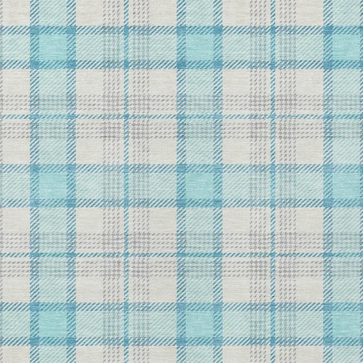 8' X 10' Aqua And Gray Plaid Washable Indoor Outdoor Area Rug