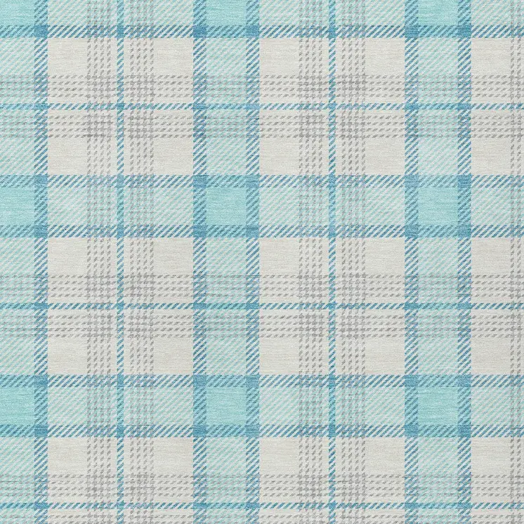 9' X 12' Aqua And Gray Plaid Washable Indoor Outdoor Area Rug