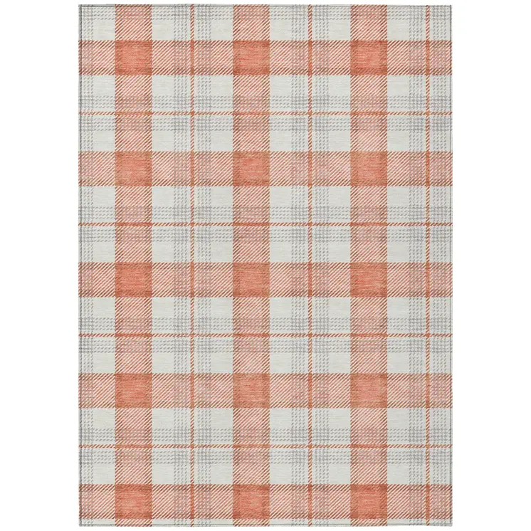 3' X 5' Coral And Beige Plaid Washable Indoor Outdoor Area Rug