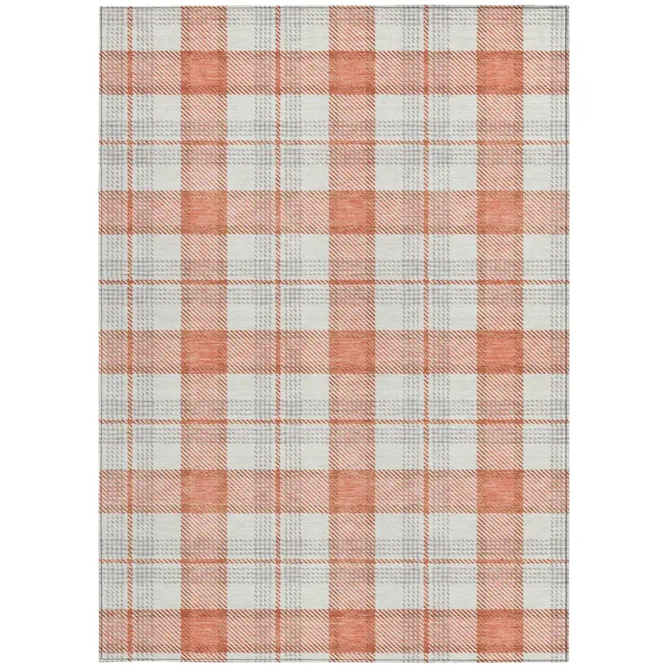 5' X 8' Coral And Beige Plaid Washable Indoor Outdoor Area Rug