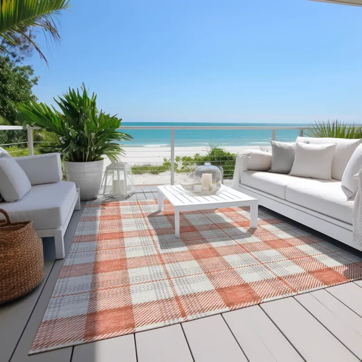 5' X 8' Coral And Beige Plaid Washable Indoor Outdoor Area Rug