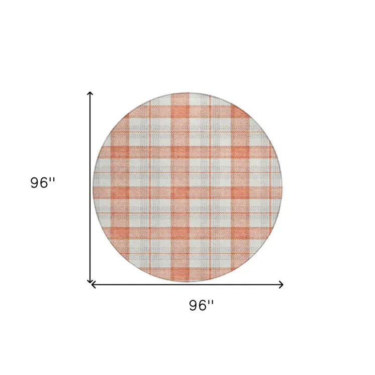 8' Coral And Beige Round Plaid Washable Indoor Outdoor Area Rug