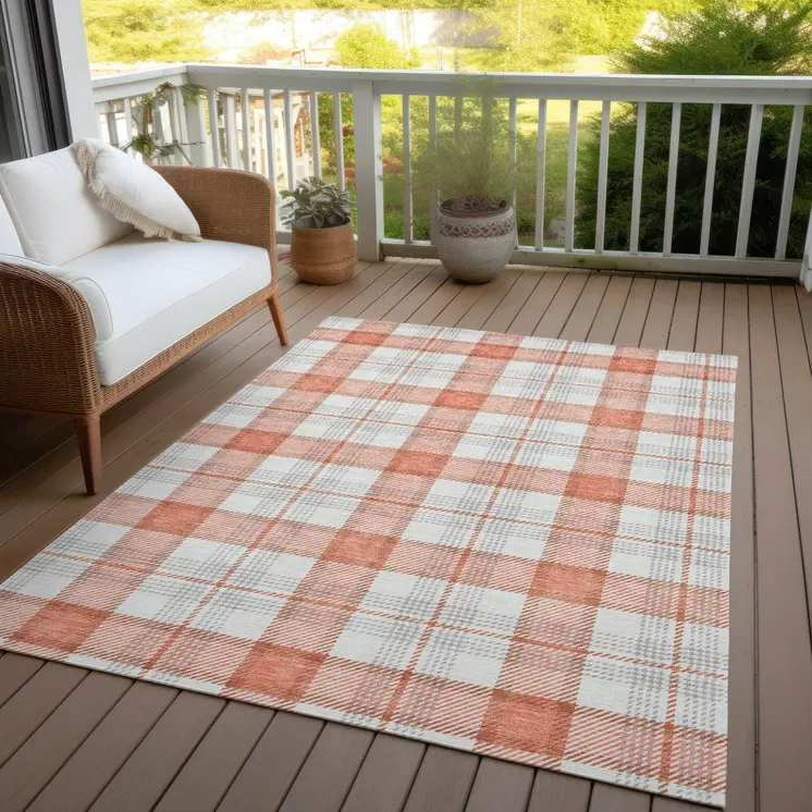 8' X 10' Coral And Beige Plaid Washable Indoor Outdoor Area Rug