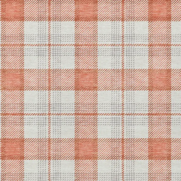 8' X 10' Coral And Beige Plaid Washable Indoor Outdoor Area Rug