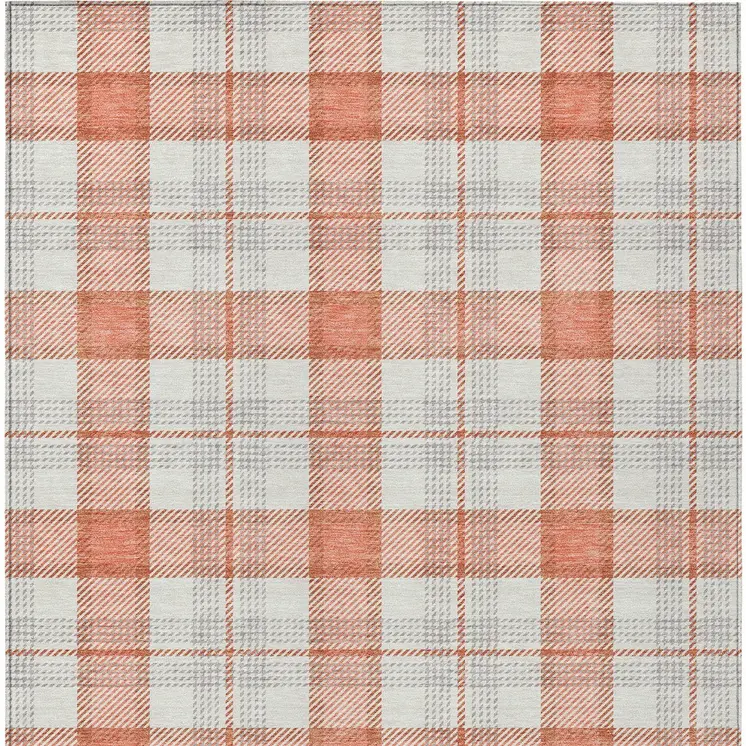 8' X 10' Coral And Beige Plaid Washable Indoor Outdoor Area Rug