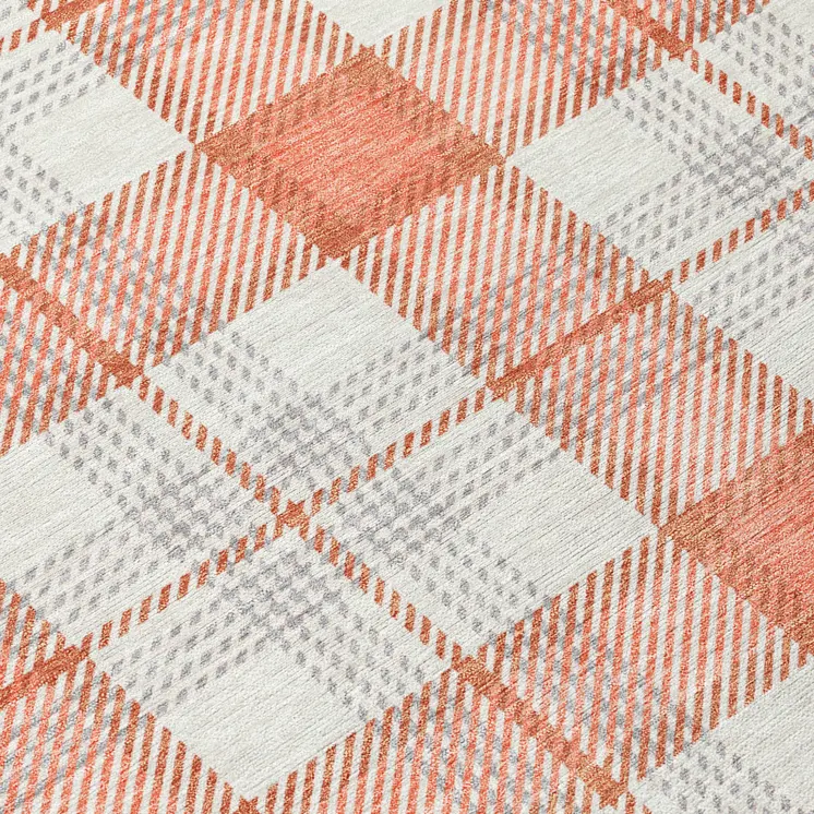 8' X 10' Coral And Beige Plaid Washable Indoor Outdoor Area Rug