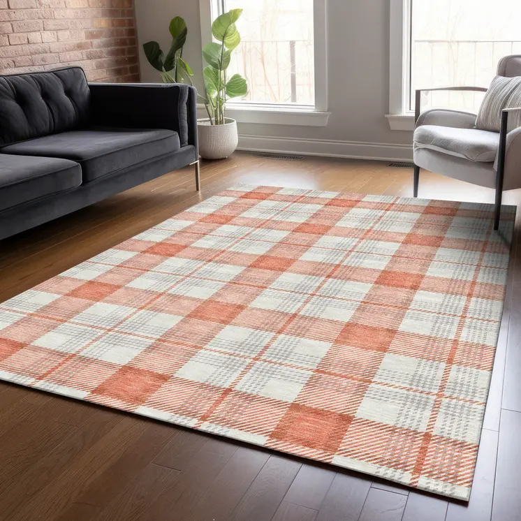 8' X 10' Coral And Beige Plaid Washable Indoor Outdoor Area Rug