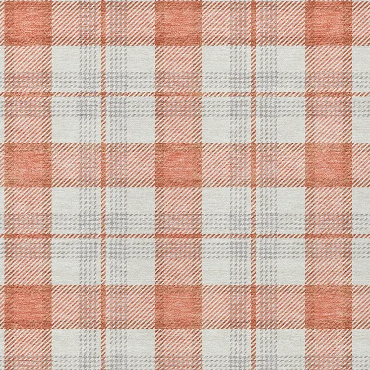 9' X 12' Coral And Beige Plaid Washable Indoor Outdoor Area Rug