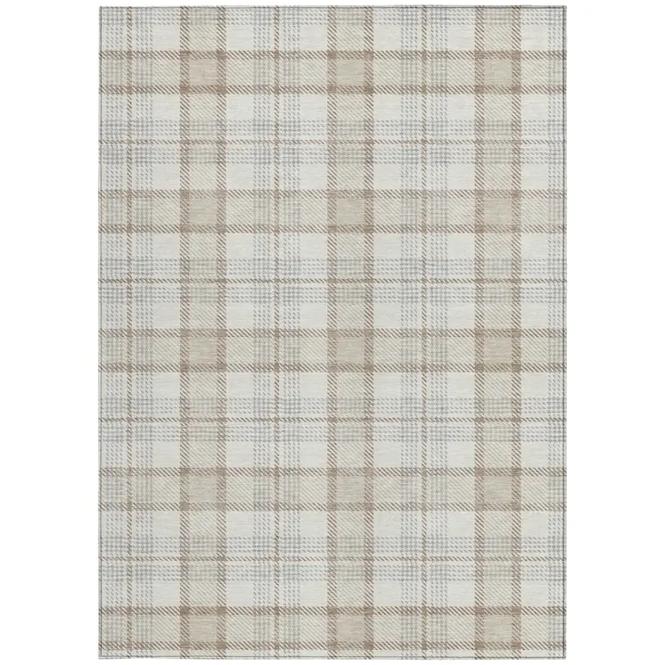 3' X 5' Linen And Brown Plaid Washable Indoor Outdoor Area Rug