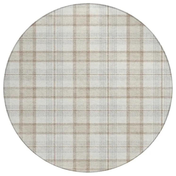 8' Linen And Brown Round Plaid Washable Indoor Outdoor Area Rug