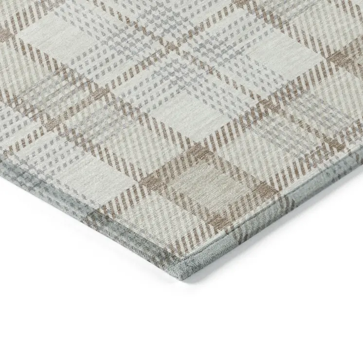 8' Linen And Brown Round Plaid Washable Indoor Outdoor Area Rug