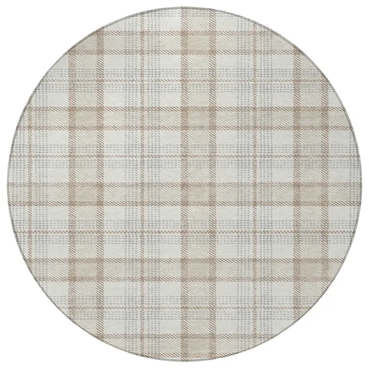 8' Linen And Brown Round Plaid Washable Indoor Outdoor Area Rug