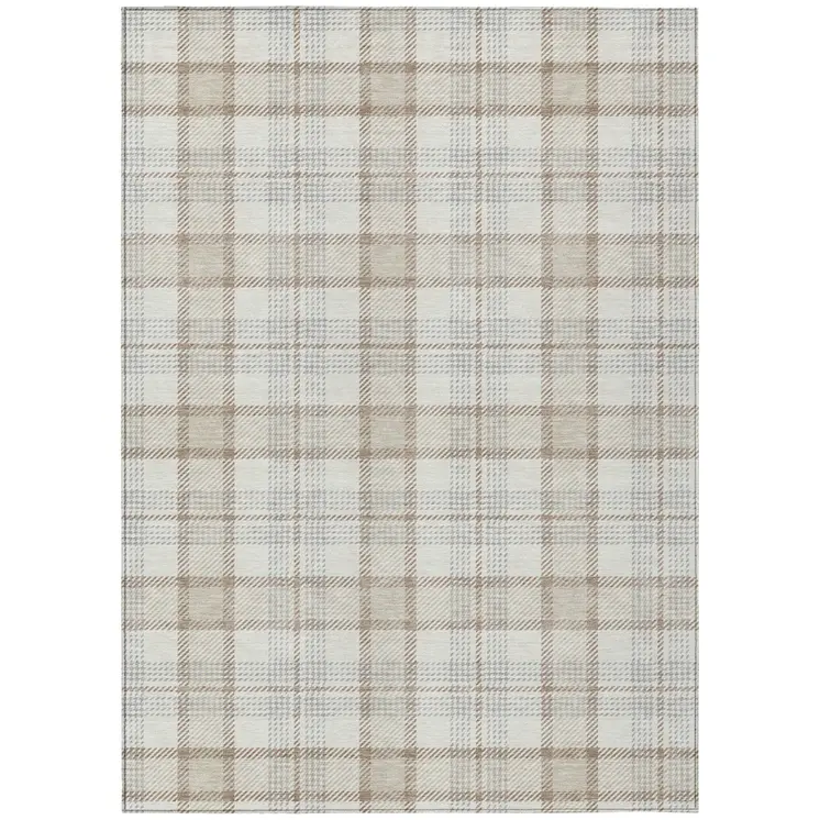 8' X 10' Linen And Brown Plaid Washable Indoor Outdoor Area Rug