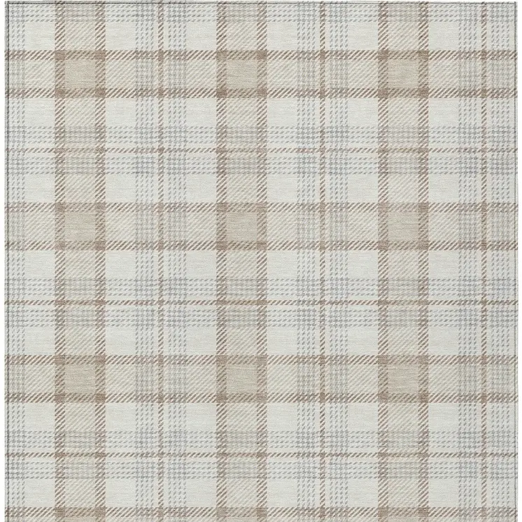 8' X 10' Linen And Brown Plaid Washable Indoor Outdoor Area Rug