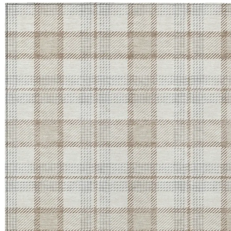 10' X 14' Linen And Brown Plaid Washable Indoor Outdoor Area Rug
