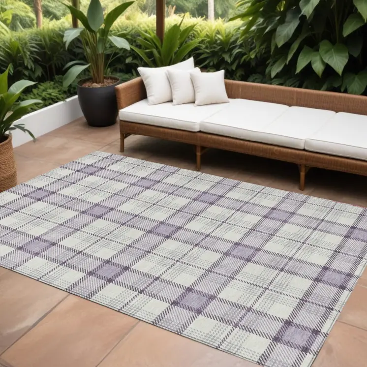 10' X 14' Lavender Purple And Gray Plaid Washable Indoor Outdoor Area Rug