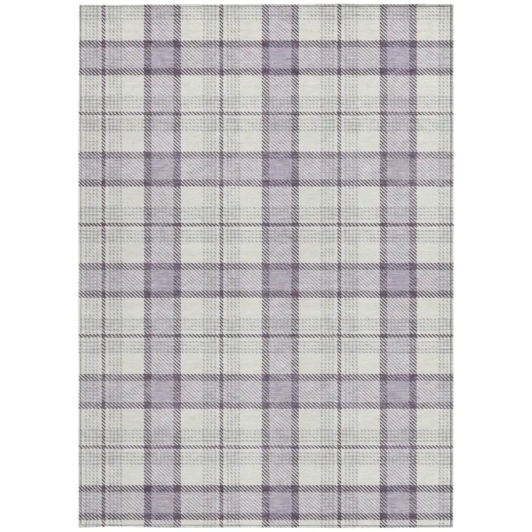 10' X 14' Lavender Purple And Gray Plaid Washable Indoor Outdoor Area Rug