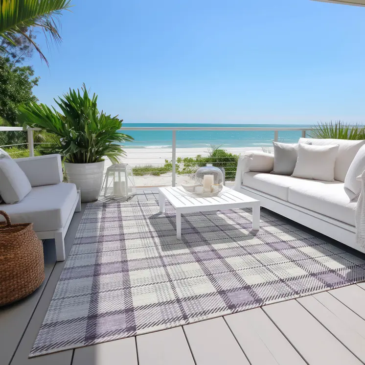 10' X 14' Lavender Purple And Gray Plaid Washable Indoor Outdoor Area Rug