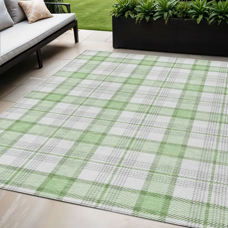 5' X 8' Mint Green And Beige Plaid Washable Indoor Outdoor Area Rug