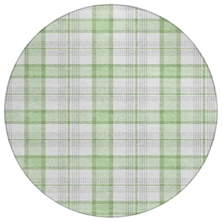 8' Mint Green And Beige Round Plaid Washable Indoor Outdoor Area Rug