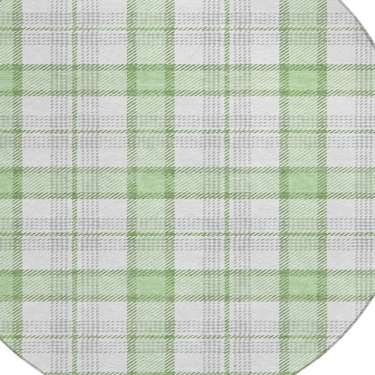 8' Mint Green And Beige Round Plaid Washable Indoor Outdoor Area Rug