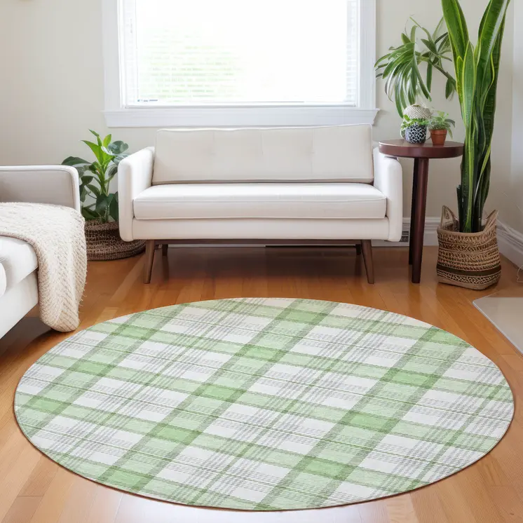 8' Mint Green And Beige Round Plaid Washable Indoor Outdoor Area Rug