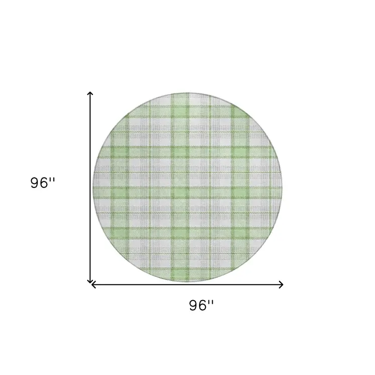 8' Mint Green And Beige Round Plaid Washable Indoor Outdoor Area Rug