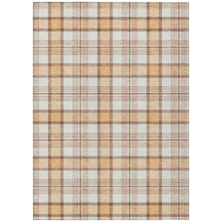 5' X 8' Peach And Beige Plaid Washable Indoor Outdoor Area Rug